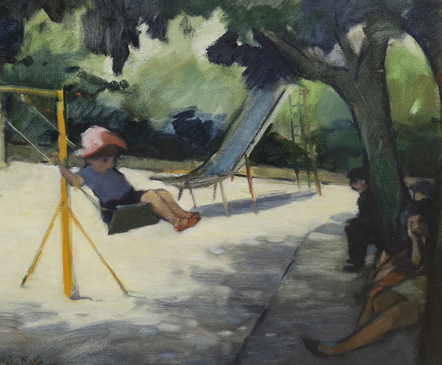 Eric Rolfe (fl.1973-1987), oil on canvas, Child on a swing, signed, with Southover Gallery label verso, 44 x 54cm